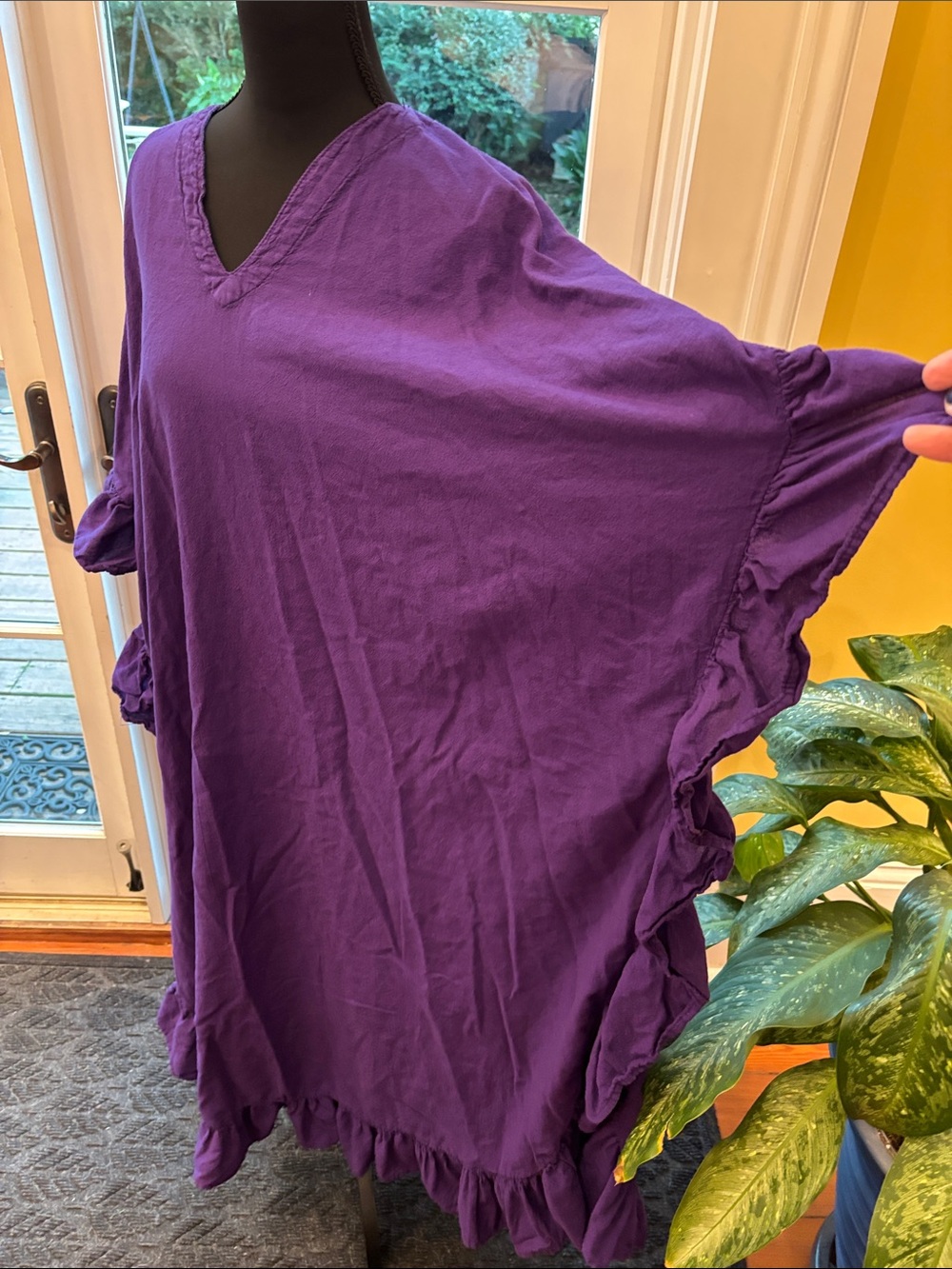 Purple V-Neck Ruffled Maxi Dress - Relaxed Women's Caftan - Picture 3 of 7